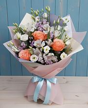 Букет цветов из:  Лизиантусы, Розы, Альстромерии и Гипсофила в Октябрьский Башкортостан