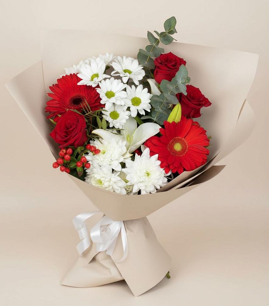 Букет цветов из: Розы, Хризантемы, Герберы и Лилии в Октябрьский Башкортостан