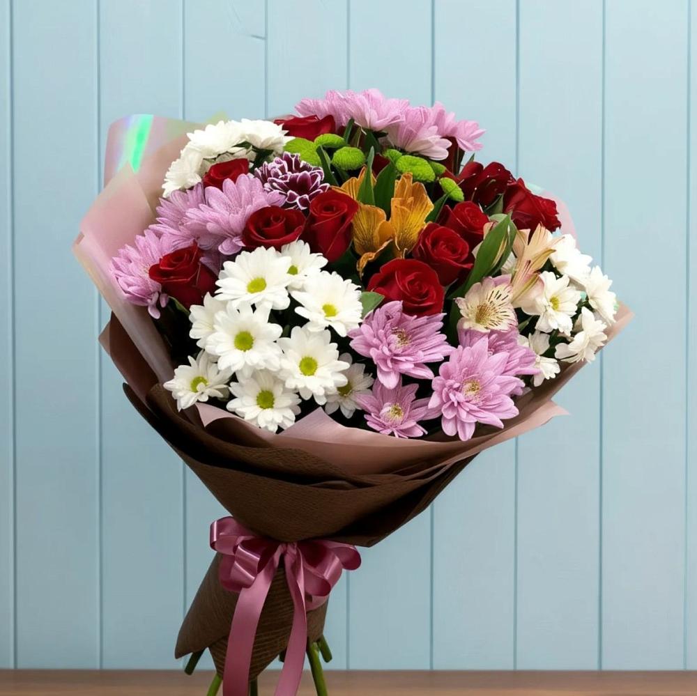 Букет цветов из: Розы, Хризантемы и Альстромерии в Октябрьский Башкортостан