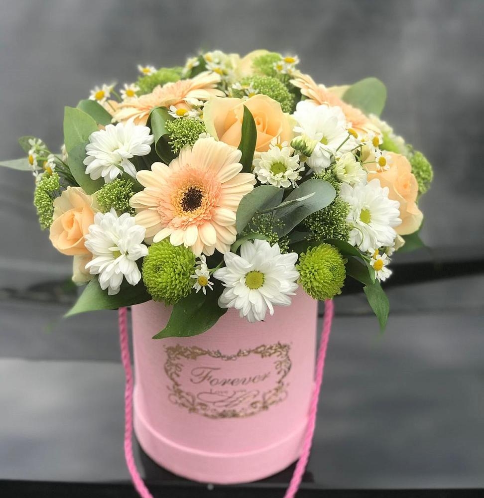 Цветочная композиция из Розы, Герберы и Хризантемы в шляпной коробке в Октябрьский Башкортостан